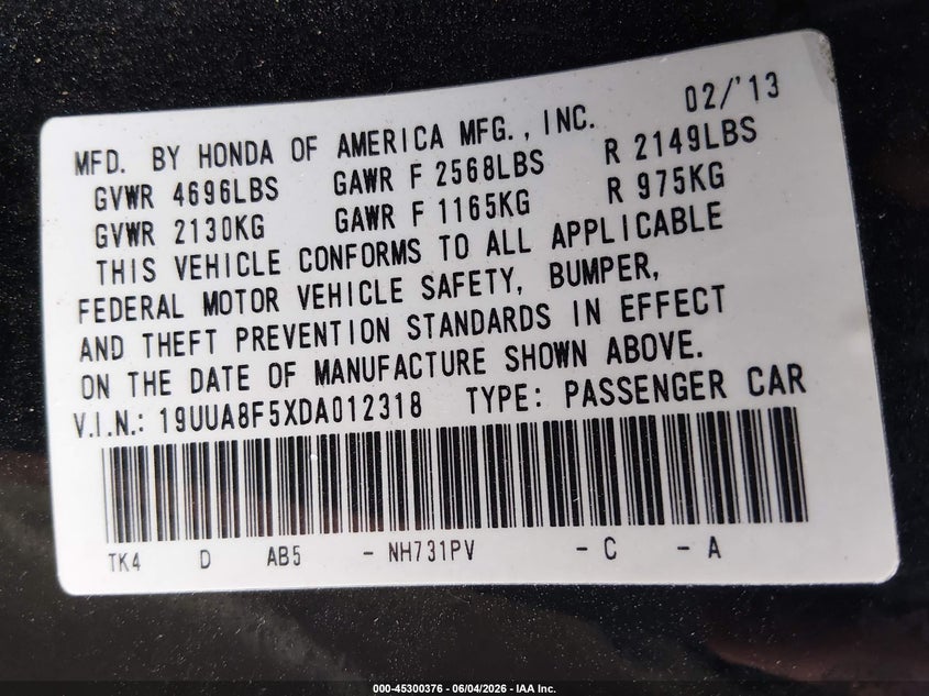 2013 Acura Tl VIN 19UUA8F5XDA012318 IAAI salvage auction — LEFT SIDE, Original (Texas), sold $1,300 on 2026-07-28 (photo 9)