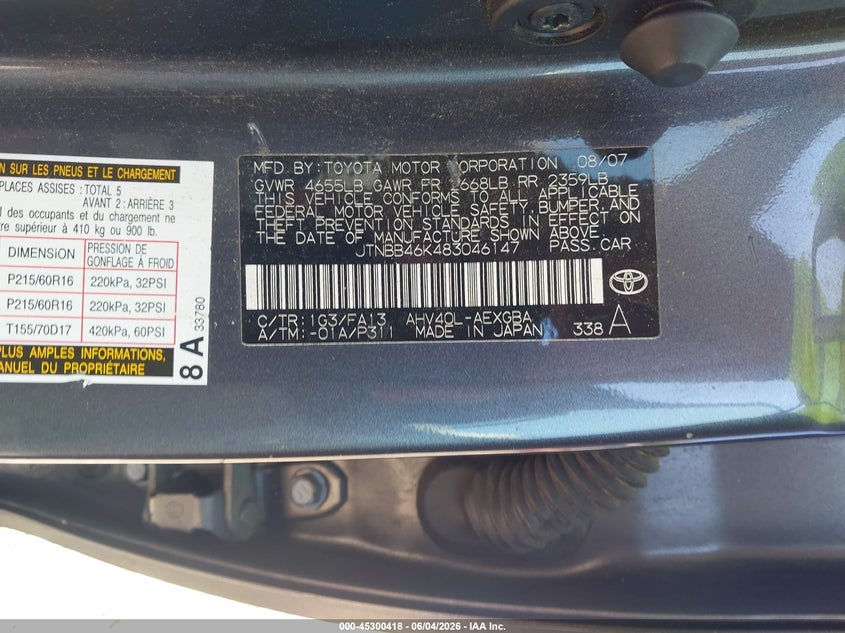 2008 Toyota Camry hybrid VIN JTNBB46K483046147 IAAI salvage auction — BIO HAZARD, Salvage (Idaho), sold $350 on 2026-07-10 (photo 9)