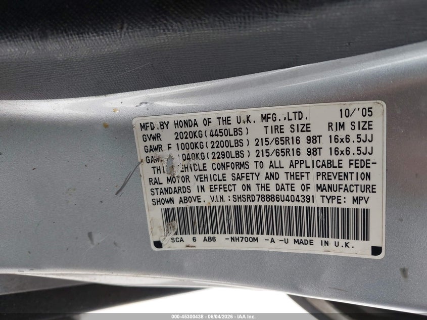 2006 Honda Cr-v VIN SHSRD78886U404391 IAAI salvage auction — NORMAL WEAR, Clear (Florida), sold $1,450 on 2026-07-08 (photo 9)