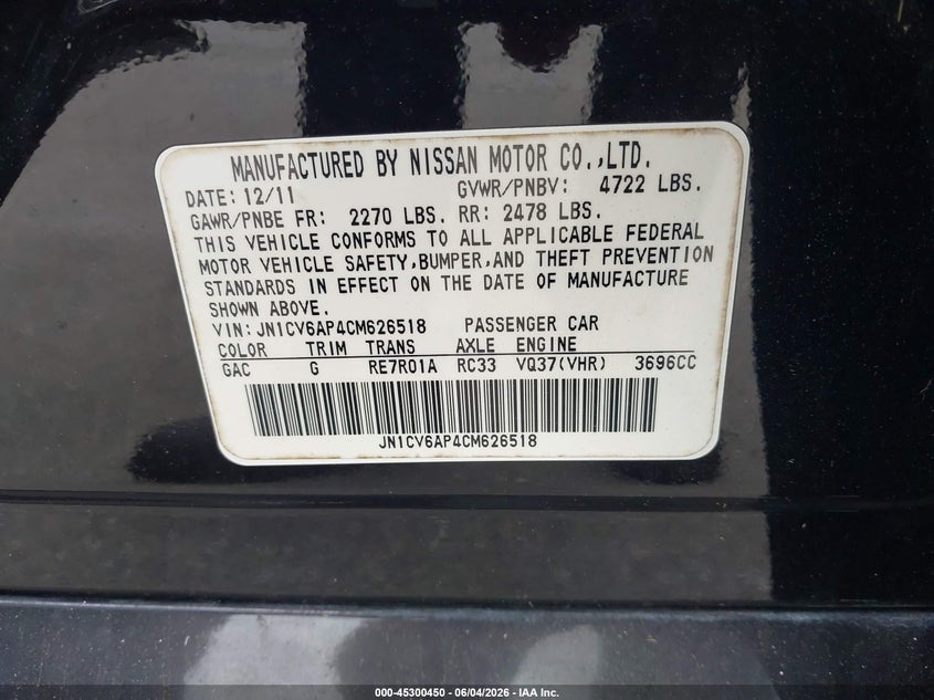 2012 Infiniti G VIN JN1CV6AP4CM626518 IAAI salvage auction — LEFT FRONT, Salvage Title, sold $325 on 2026-07-22 (photo 9)