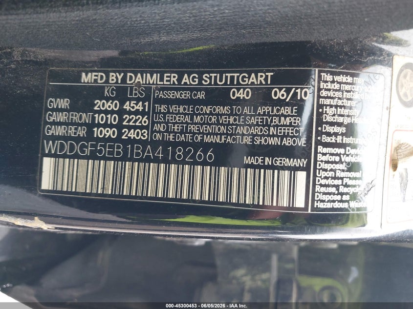 2011 Mercedes-benz C class VIN WDDGF5EB1BA418266 IAAI salvage auction — FRONT END, Original (Texas), sold $425 on 2026-07-22 (photo 9)