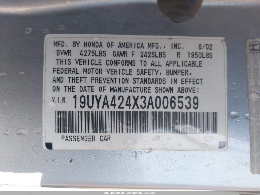 2003 Acura Cl VIN 19UYA424X3A006539 IAAI salvage auction — FRONT END, Salvage (California), sold $425 on 2026-07-08 (photo 9)