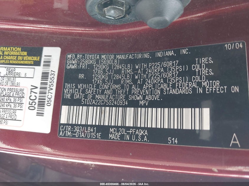 2005 Toyota Sienna VIN 5TDZA22C75S240934 IAAI salvage auction — NORMAL WEAR, Clear (Tennessee), sold $550 on 2026-07-28 (photo 9)