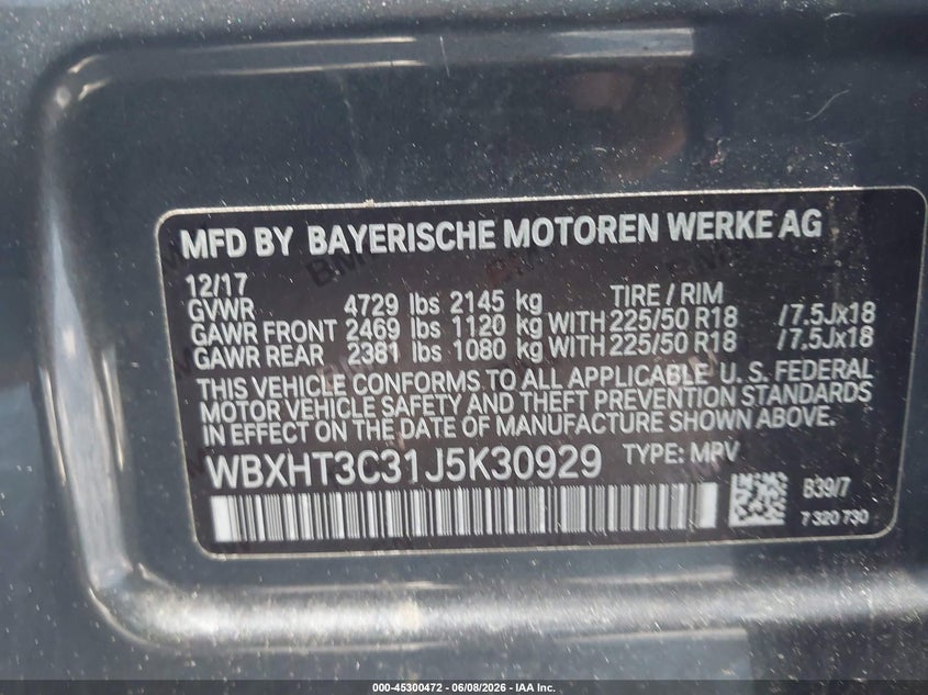 2018 BMW X1 VIN WBXHT3C31J5K30929 IAAI salvage auction — FRONT END, Salvage Title, sold $4,250 on 2026-07-13 (photo 9)