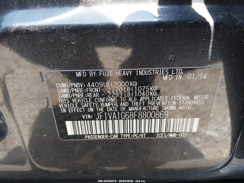 2015 Subaru Wrx VIN JF1VA1G68F8800869 IAAI salvage auction — LEFT FRONT, Salvage Title, sold $3,300 on 2026-07-22 (photo 9)