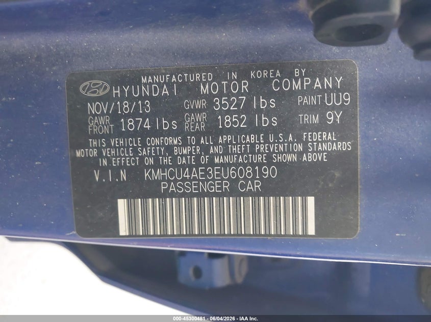 2014 Hyundai Accent VIN KMHCU4AE3EU608190 IAAI salvage auction — ENGINE BURN, Salvage Title, sold $350 on 2026-07-15 (photo 9)