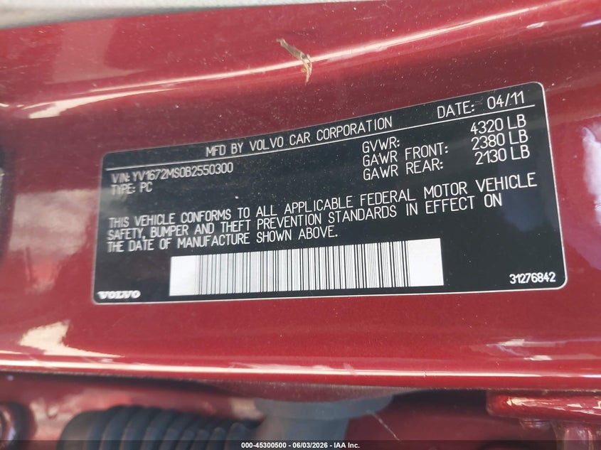 2011 Volvo S40 VIN YV1672MS0B2550300 IAAI salvage auction — NORMAL WEAR, Clear (Pennsylvania), sold $425 on 2026-07-17 (photo 9)