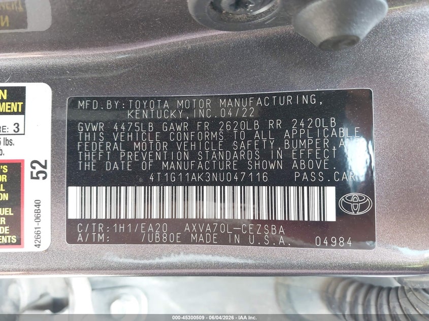 2022 Toyota Camry VIN 4T1G11AK3NU047116 IAAI salvage auction — FRONT END, Original (Texas), sold $7,000 on 2026-08-01 (photo 9)