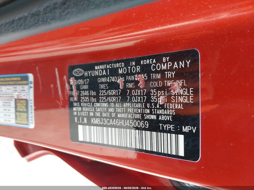 2017 Hyundai Tucson VIN KM8J3CA46HU450069 IAAI salvage auction — LEFT FRONT, Salvage Title, sold $1,325 on 2026-07-21 (photo 9)