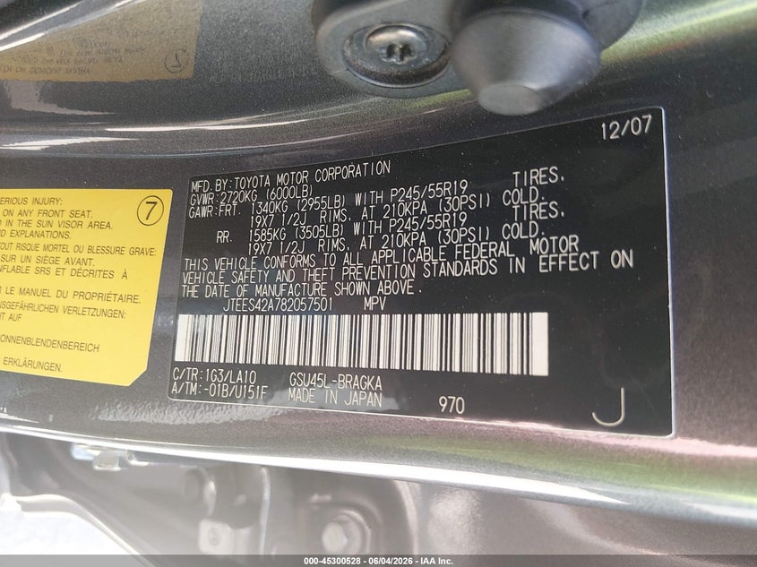 2008 Toyota Highlander VIN JTEES42A782057501 IAAI salvage auction — FRONT END, Salvage (Colorado), sold $1,350 on 2026-07-28 (photo 9)