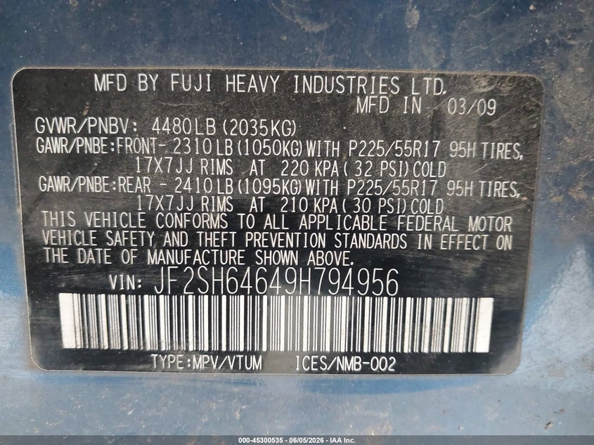 2009 Subaru Forester VIN JF2SH64649H794956 IAAI salvage auction — BIO HAZARD, Bill Of Sale (Washington), sold $325 on 2026-07-08 (photo 9)