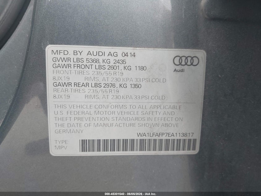 2014 Audi Q5 VIN WA1LFAFP7EA113817 IAAI salvage auction — RIGHT REAR, Salvage Title, sold $525 on 2026-07-27 (photo 9)