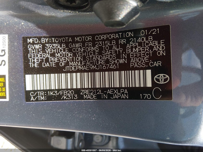 2021 Toyota Corolla VIN JTDEPMAE9MJ167461 IAAI salvage auction — FRONT & REAR, Salvage (Alabama), sold $3,100 on 2026-07-29 (photo 9)