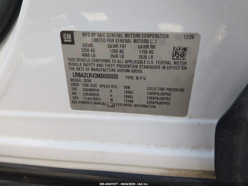 2021 Buick Envision VIN LRBAZLR43MD080800 IAAI salvage auction — LEFT & RIGHT, Salvage Title, sold $3,200 on 2026-07-09 (photo 9)