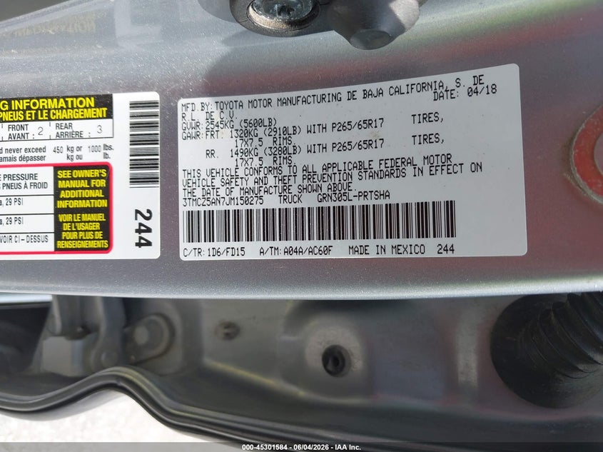2018 Toyota Tacoma VIN 3TMCZ5AN7JM150275 IAAI salvage auction — FRONT END, Salvage (Missouri), sold $8,300 on 2026-07-30 (photo 9)