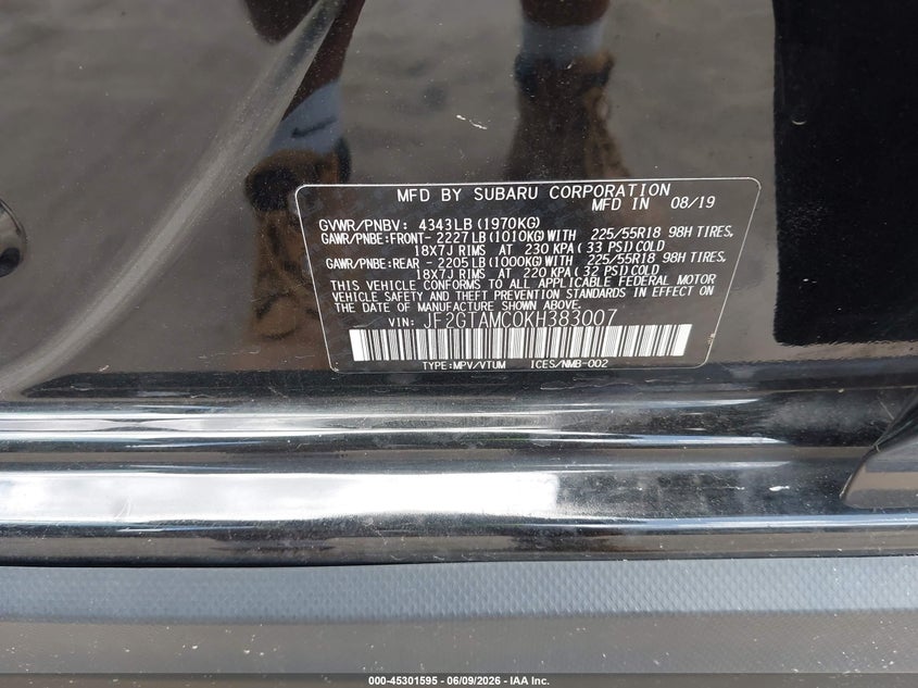 2019 Subaru Xv VIN JF2GTAMC0KH383007 IAAI salvage auction — FRONT & REAR, Salvage Title, sold $1,500 on 2026-07-14 (photo 9)