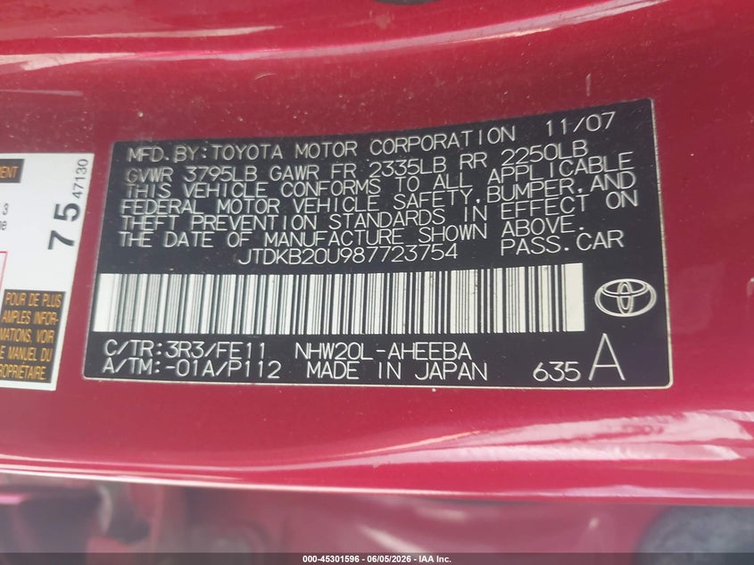 2008 Toyota Prius VIN JTDKB20U987723754 IAAI salvage auction — FRONT END, Clear (Massachusetts), sold $300 on 2026-07-24 (photo 9)