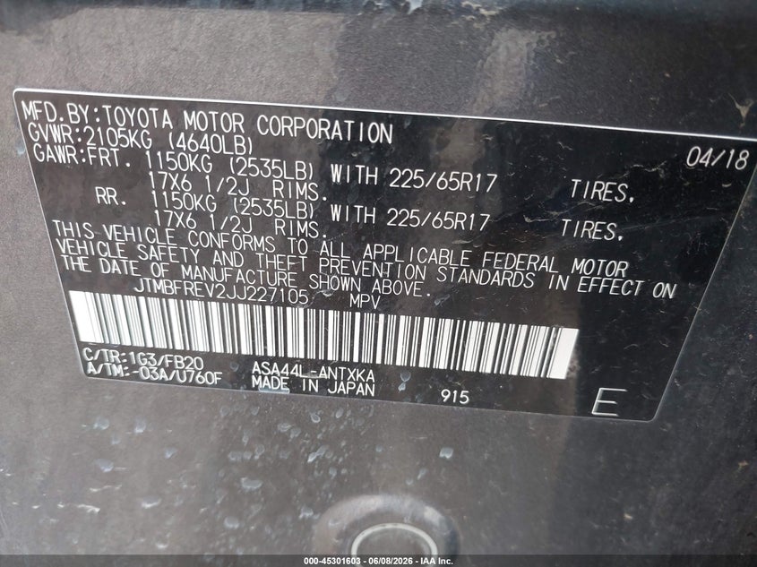 2018 Toyota Rav 4 VIN JTMBFREV2JJ227105 IAAI salvage auction — REAR END, Salvage Title, sold $6,700 on 2026-07-18 (photo 9)