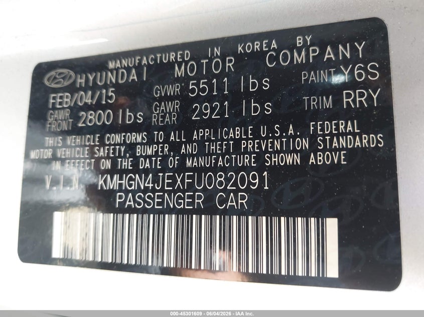 2015 Hyundai Genesis VIN KMHGN4JEXFU082091 IAAI salvage auction — RIGHT FRONT, Salvage Title, sold $2,400 on 2026-07-13 (photo 9)