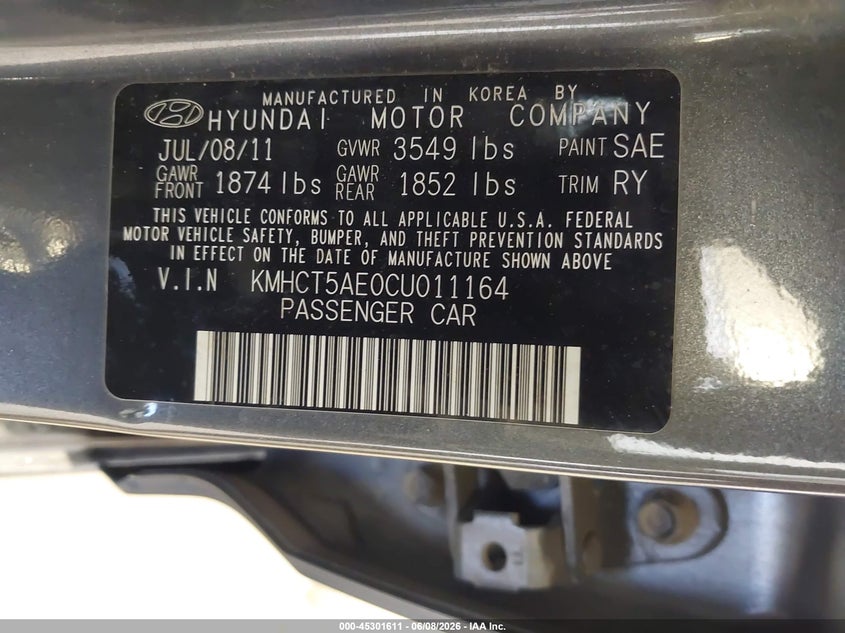 2012 Hyundai Accent VIN KMHCT5AE0CU011164 IAAI salvage auction — RIGHT SIDE, Salvage Title, sold $350 on 2026-07-13 (photo 9)