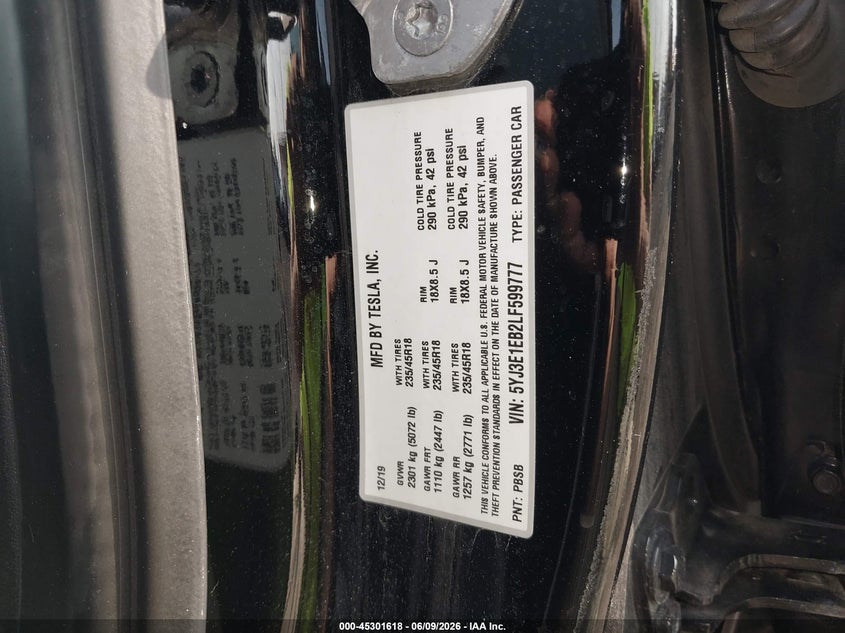 2020 Tesla Model 3 VIN 5YJ3E1EB2LF599777 IAAI salvage auction — REAR END, Salvage Title, sold $3,750 on 2026-07-30 (photo 9)