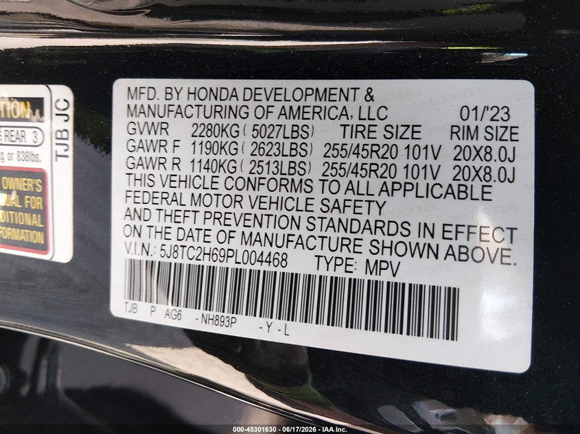 2023 Acura Rdx VIN 5J8TC2H69PL004468 IAAI salvage auction — FRONT END, Salvage (New Jersey), sold $14,925 on 2026-09-10 (photo 9)