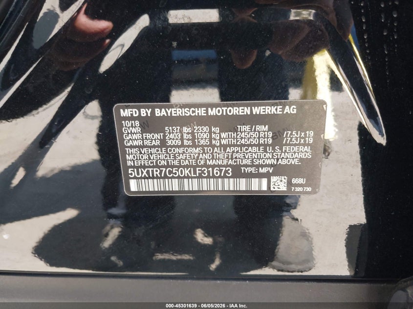 2019 BMW X3 VIN 5UXTR7C50KLF31673 IAAI salvage auction — REAR END, Salvage Title, sold $7,900 on 2026-07-22 (photo 9)