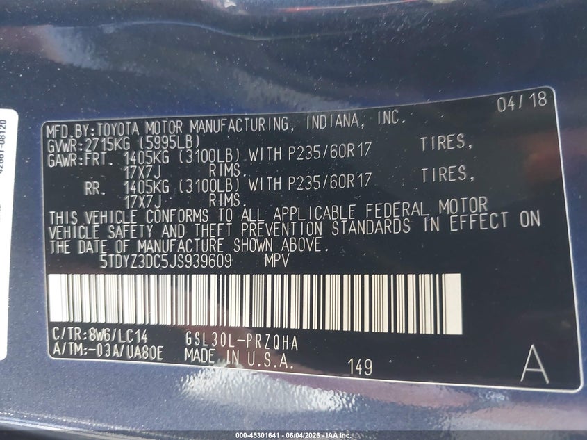 2018 Toyota Sienna VIN 5TDYZ3DC5JS939609 IAAI salvage auction — FRONT & REAR, Salvage Title, sold $3,400 on 2026-07-21 (photo 9)