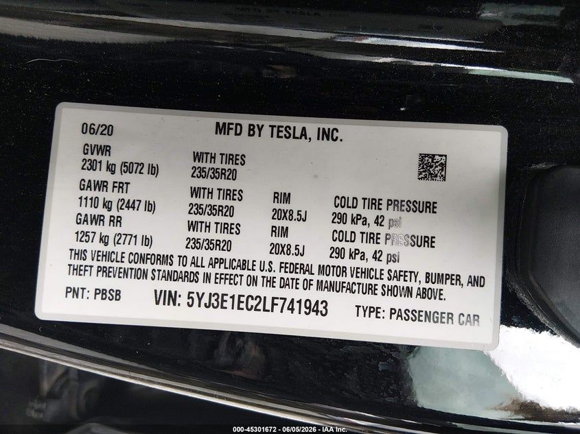 2020 Tesla Model 3 VIN 5YJ3E1EC2LF741943 IAAI salvage auction — REAR END, Salvage Title, sold $7,700 on 2026-07-12 (photo 9)