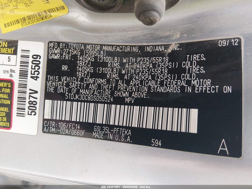 2013 Toyota Sienna VIN 5TDJK3DC8DS050524 IAAI salvage auction — FRONT END, Salvage Title, sold $125 on 2026-07-27 (photo 9)