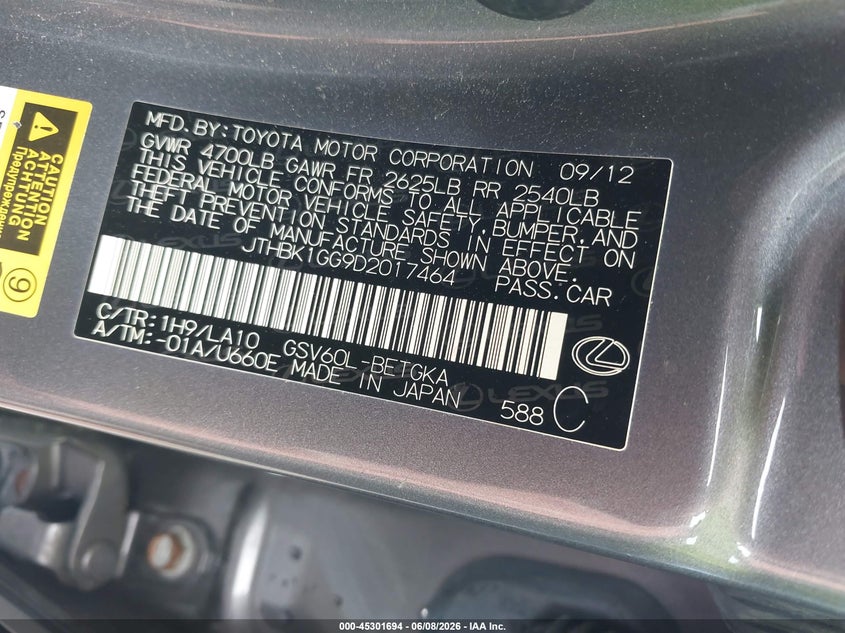 2013 Lexus ES VIN JTHBK1GG9D2017464 IAAI salvage auction — FRONT END, Salvage Title, sold $2,550 on 2026-07-20 (photo 9)