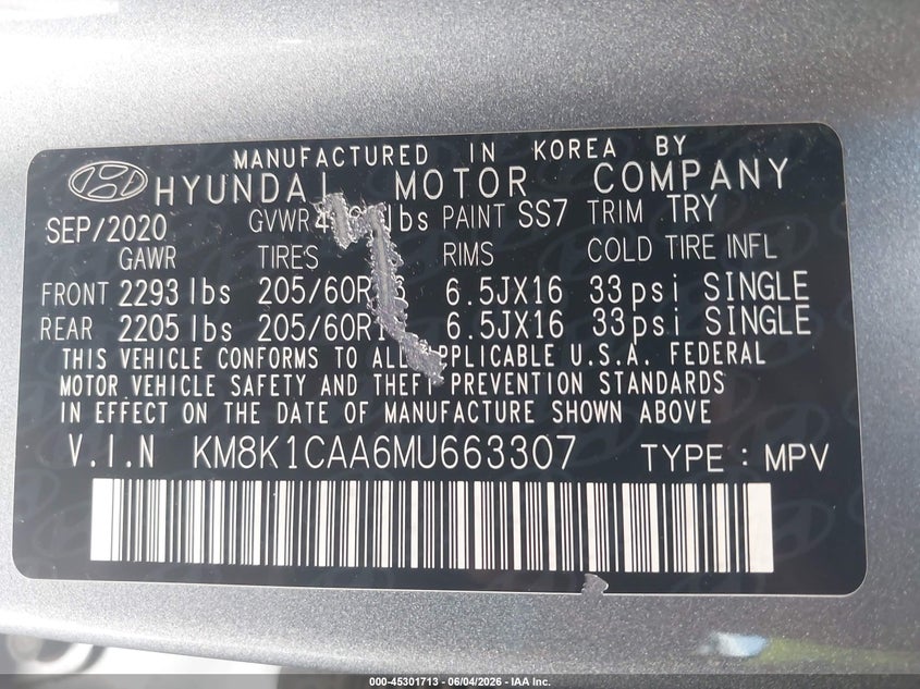 2021 Hyundai Kona VIN KM8K1CAA6MU663307 IAAI salvage auction — FRONT END, Salvage Title, sold $3,400 on 2026-07-22 (photo 9)