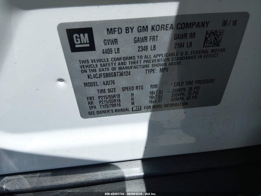 2016 Buick Encore VIN KL4CJFSB8GB736124 IAAI salvage auction — FRONT END, Salvage Title, sold $900 on 2026-07-09 (photo 9)