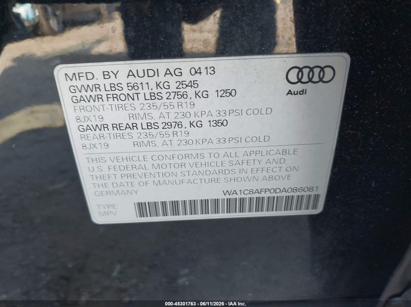 2013 Audi Q5 VIN WA1C8AFP0DA086081 IAAI salvage auction — FRONT END, Salvage (Virginia), sold $3,500 on 2026-07-07 (photo 9)