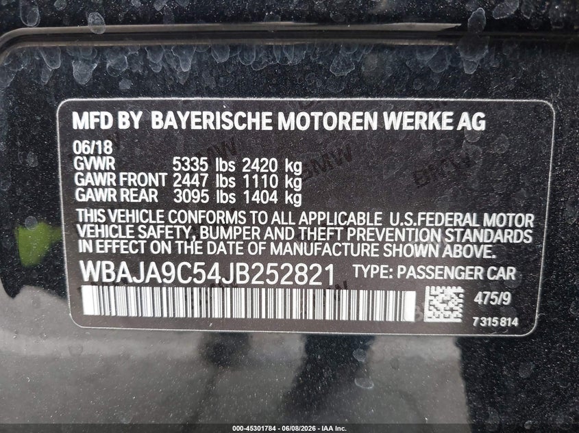 2018 BMW 5er VIN WBAJA9C54JB252821 IAAI salvage auction — FRONT END, Salvage Title, sold $6,250 on 2026-07-15 (photo 9)