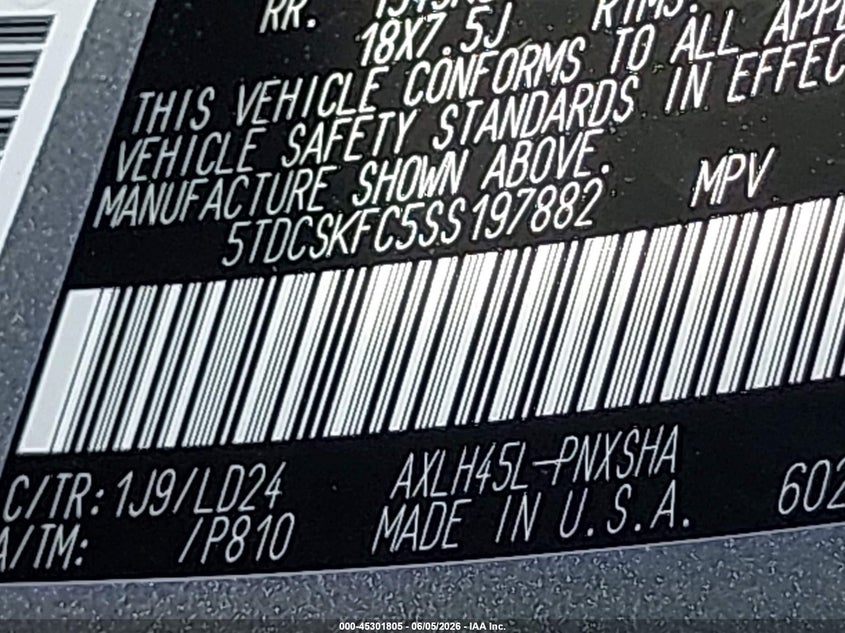 2025 Toyota Sienna VIN 5TDCSKFC5SS197882 IAAI salvage auction — WATER/FLOOD, Salvage Title, sold $22,500 on 2026-07-28 (photo 9)