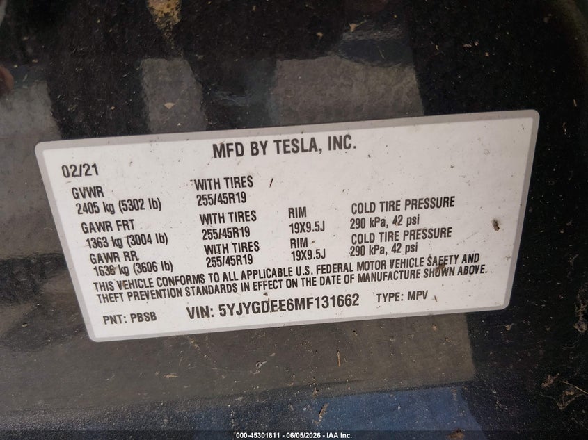 2021 Tesla Model y VIN 5YJYGDEE6MF131662 IAAI salvage auction — FRONT END, Salvage Title, sold $7,500 on 2026-08-01 (photo 9)