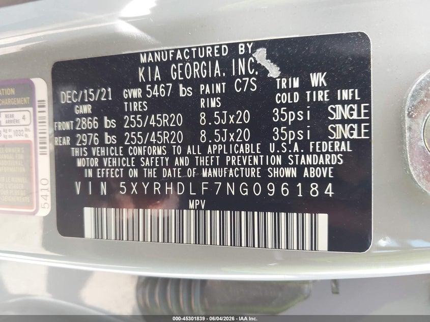 2022 Kia Sorento VIN 5XYRHDLF7NG096184 IAAI salvage auction — WATER/FLOOD, Salvage Title, sold $9,975 on 2026-07-24 (photo 9)