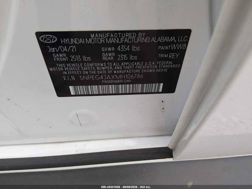 2021 Hyundai Sonata VIN 5NPEG4JAXMH106786 IAAI salvage auction — REAR END, Salvage (Kentucky), sold $4,200 on 2026-07-29 (photo 9)