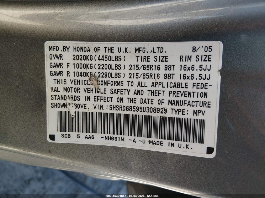 2005 Honda Cr-v VIN SHSRD68595U308929 IAAI salvage auction — LEFT FRONT, Salvage (Idaho), sold $675 on 2026-07-16 (photo 9)