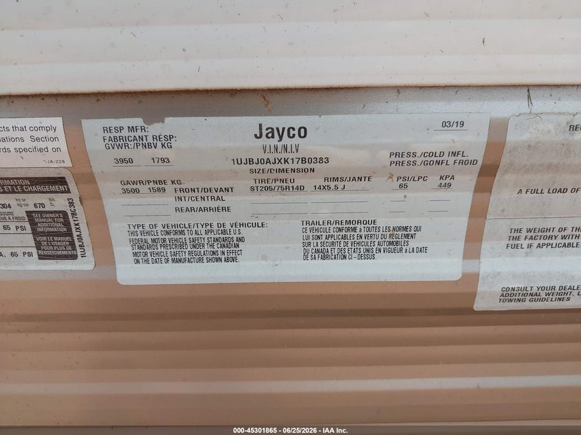 2019 Jayco Other VIN 1UJBJ0AJXJ17B0383 IAAI salvage auction — HAIL, Salvage (Missouri), sold $3,150 on 2026-07-29 (photo 9)