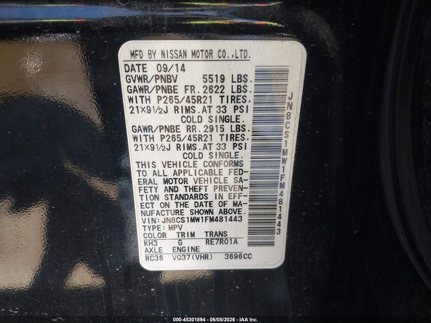 2015 Infiniti Qx70 VIN JN8CS1MW1FM481443 IAAI salvage auction — FRONT END, Salvage Title, sold $2,100 on 2026-07-16 (photo 9)