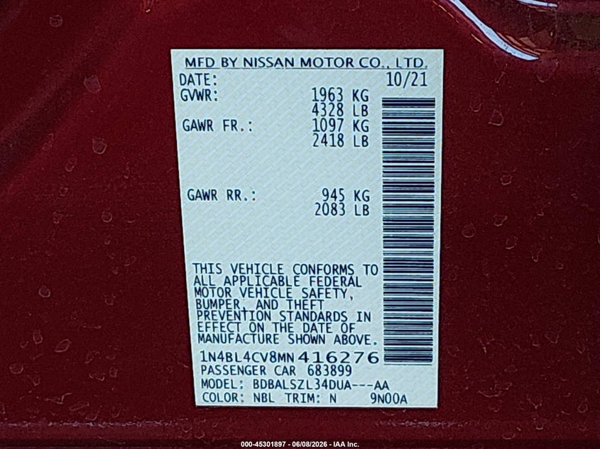 2021 Nissan Altima VIN 1N4BL4CV8MN416276 IAAI salvage auction — FRONT END, Salvage Title, sold $3,000 on 2026-07-10 (photo 9)
