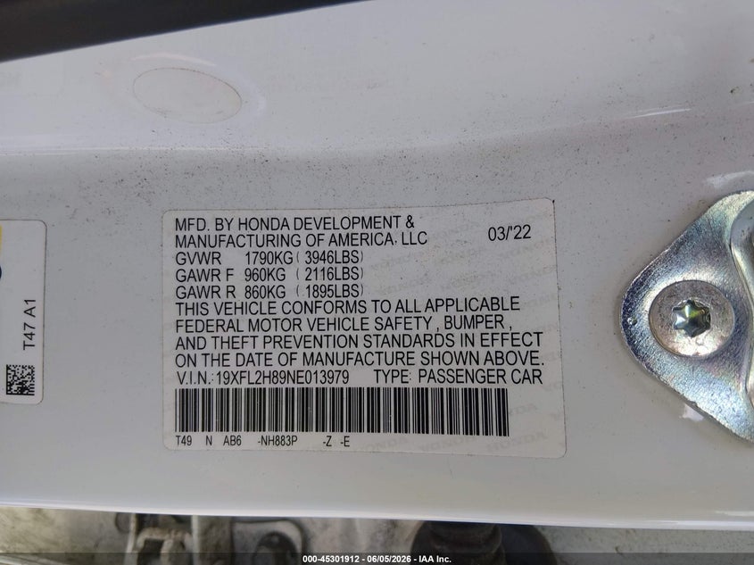 2022 Honda Civic VIN 19XFL2H89NE013979 IAAI salvage auction — FRONT & REAR, Salvage (New Jersey), sold $8,000 on 2026-07-30 (photo 9)