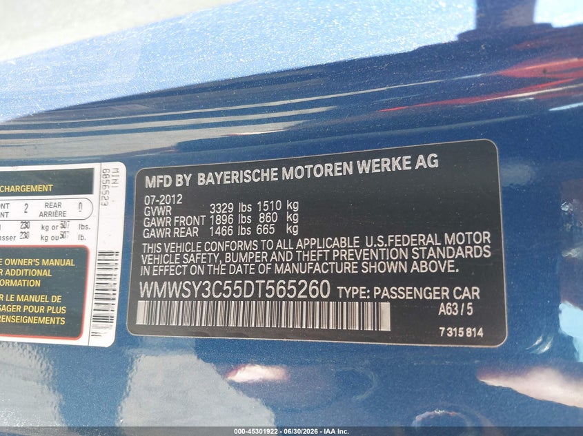 2013 Mini Roadster VIN WMWSY3C55DT565260 IAAI salvage auction — LEFT SIDE, Salvage - Greater Than 75% (Maryland), sold $25 on 2026-07-29 (photo 9)