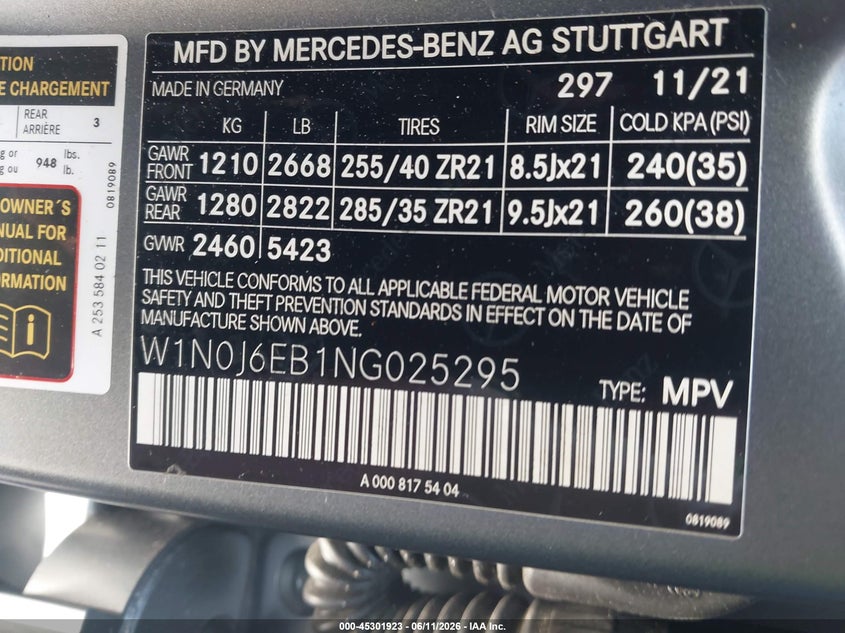 2022 Mercedes-benz VIN W1N0J6EB1NG025295 IAAI salvage auction — SIDE, Salvage Title, sold $21,200 on 2026-07-23 (photo 9)