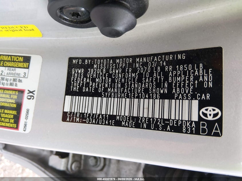 2014 Toyota Corolla VIN 5YFBURHE1EP104186 IAAI salvage auction — RIGHT SIDE, Salvage Title, sold $1,750 on 2026-07-15 (photo 9)