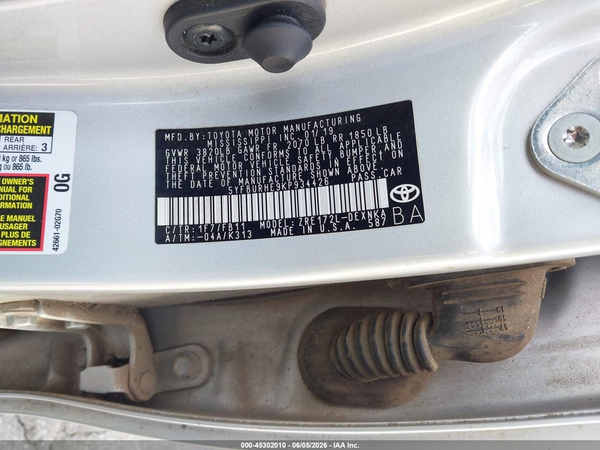 2019 Toyota Corolla VIN 5YFBURHE9KP934426 IAAI salvage auction — RIGHT SIDE, Salvage (Georgia), sold $3,200 on 2026-07-29 (photo 9)