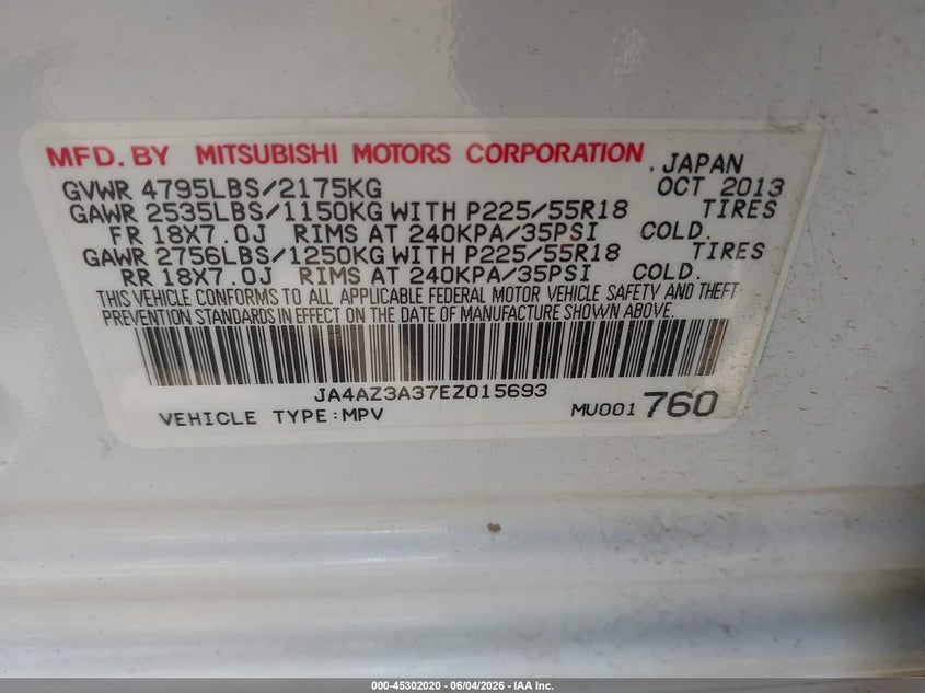 2014 Mitsubishi Outlander VIN JA4AZ3A37EZ015693 IAAI salvage auction — LEFT SIDE, Salvage Title, sold $475 on 2026-07-21 (photo 9)