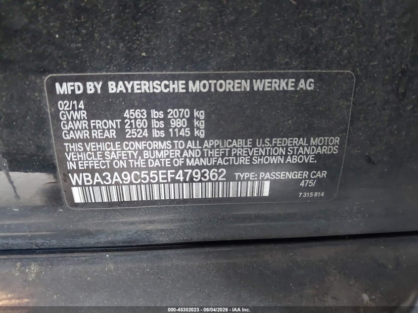 2014 BMW 3er VIN WBA3A9C55EF479362 IAAI salvage auction — LEFT REAR, Salvage Title, sold $3,100 on 2026-07-15 (photo 9)